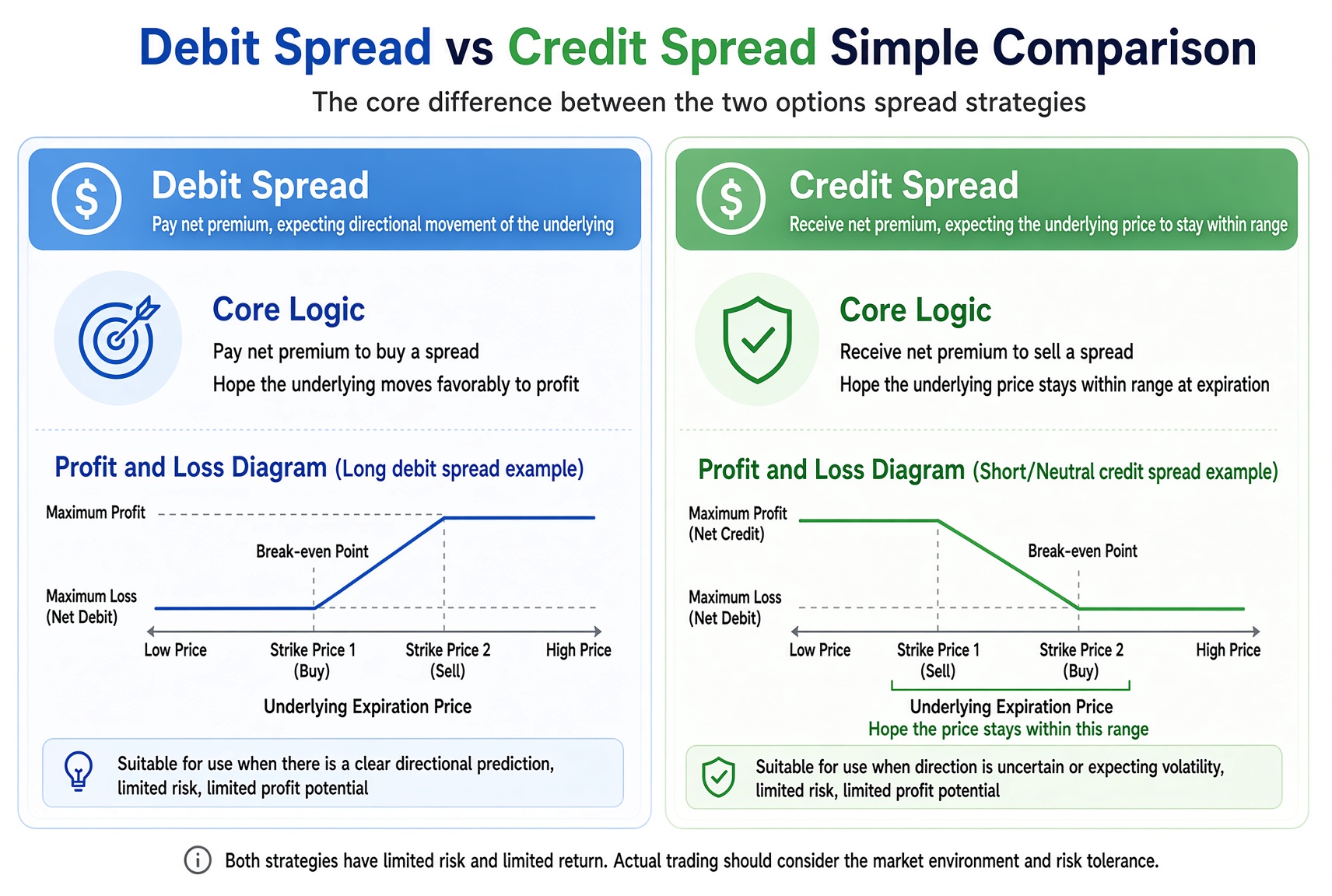A debit spread pays net premium to take a direction; a credit spread collects net premium and bets the price stays in a range.