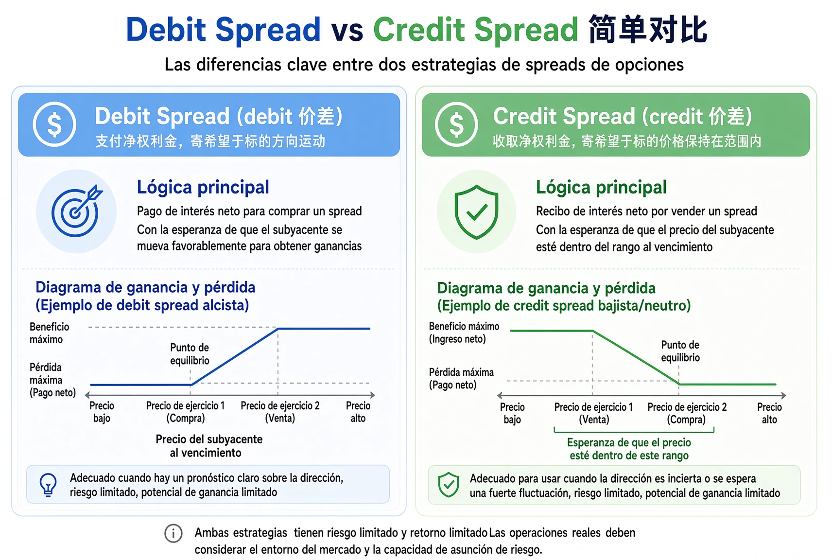 Un spread de débito paga prima neta para tomar dirección; un spread de crédito cobra prima neta y apuesta a que el precio se queda en un rango.