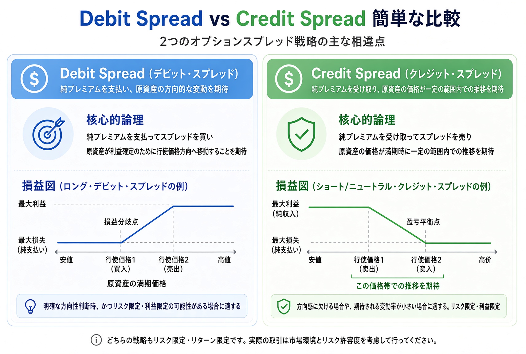 Debit スプレッドはネットプレミアムを払って方向を取る。Credit スプレッドはネットプレミアムを受け取り、価格がレンジに留まることに賭ける。