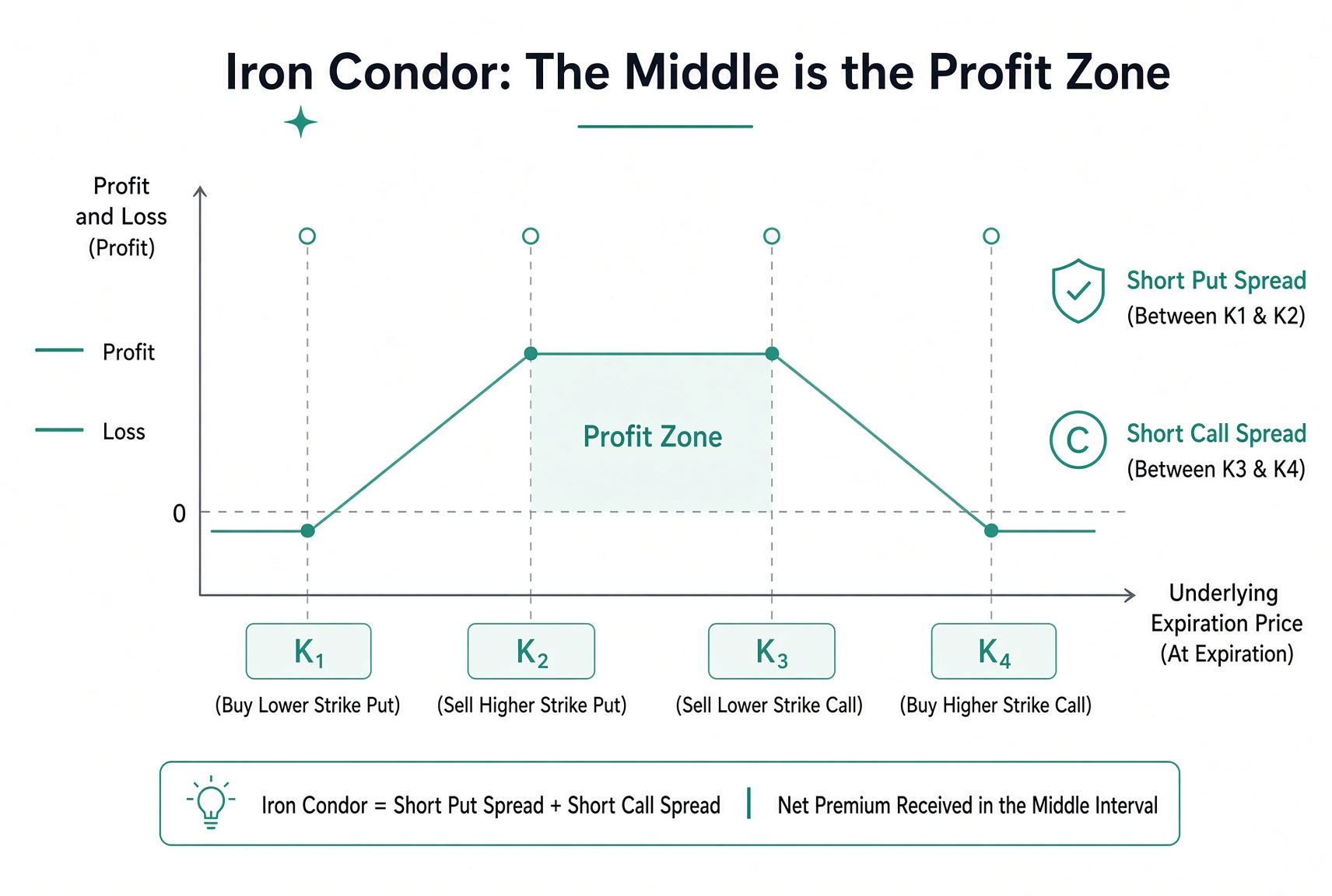 Iron condor structure: a fairly wide profit zone in the middle, limited-loss zones on both sides.