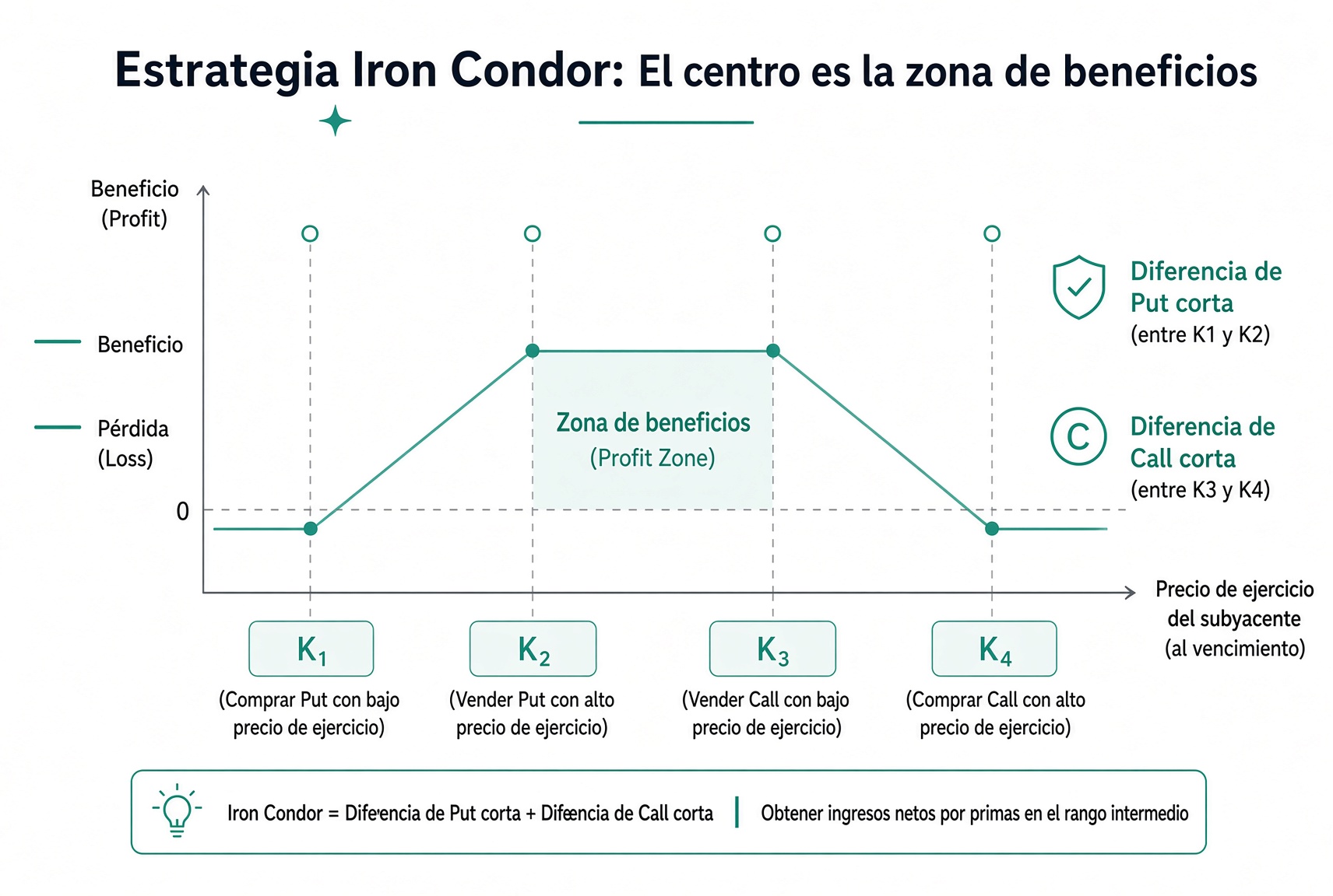 Estructura del cóndor de hierro: una zona de beneficio bastante ancha en el medio, zonas de pérdida limitada a ambos lados.