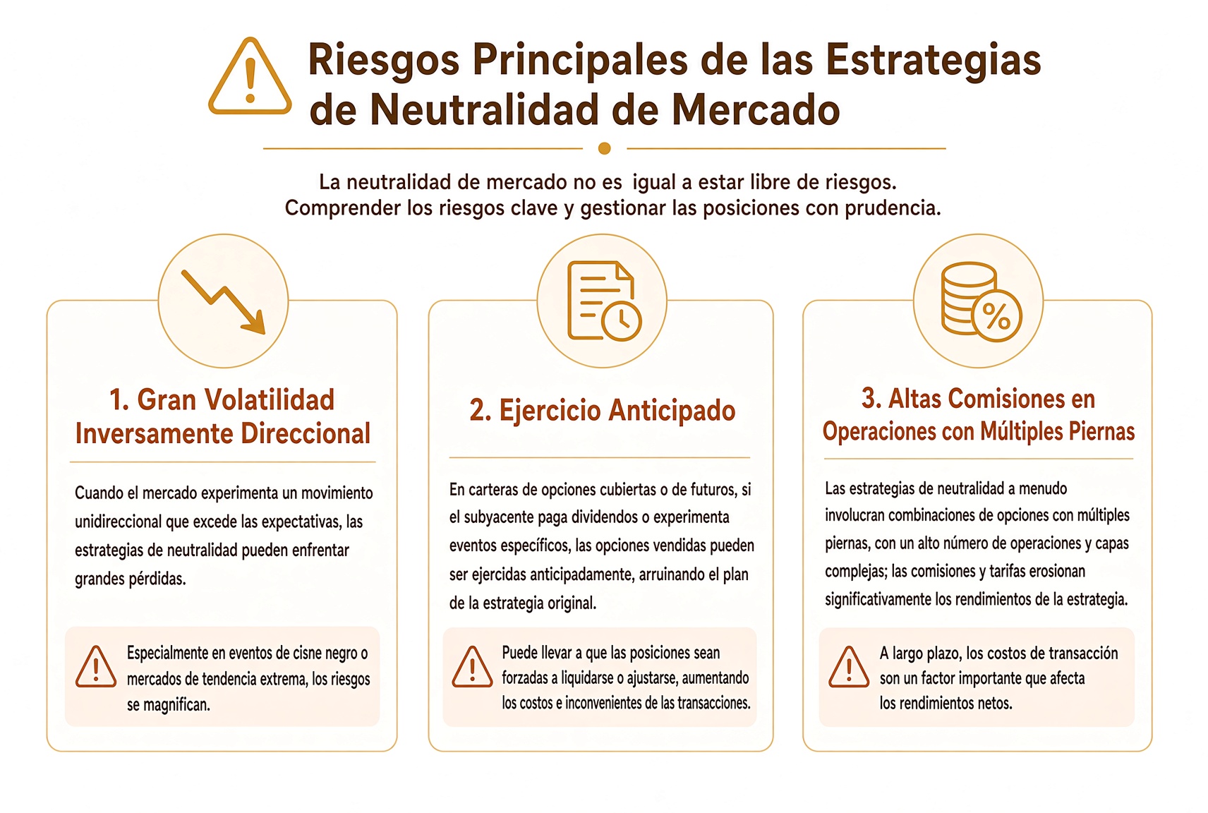 Riesgos principales de una estructura neutral: un escape en una sola dirección, ejercicio anticipado, y comisiones de varias patas que se comen el beneficio.