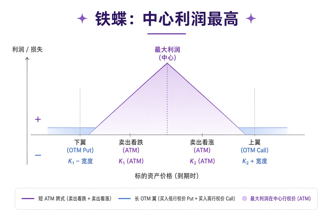 铁蝶结构：利润集中在中心行权价，盈利区间比铁鹰更窄。