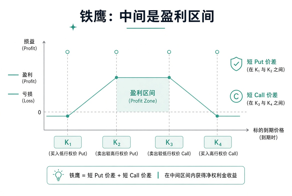 铁鹰结构：中间较宽的盈利区间，两侧为有限亏损区。