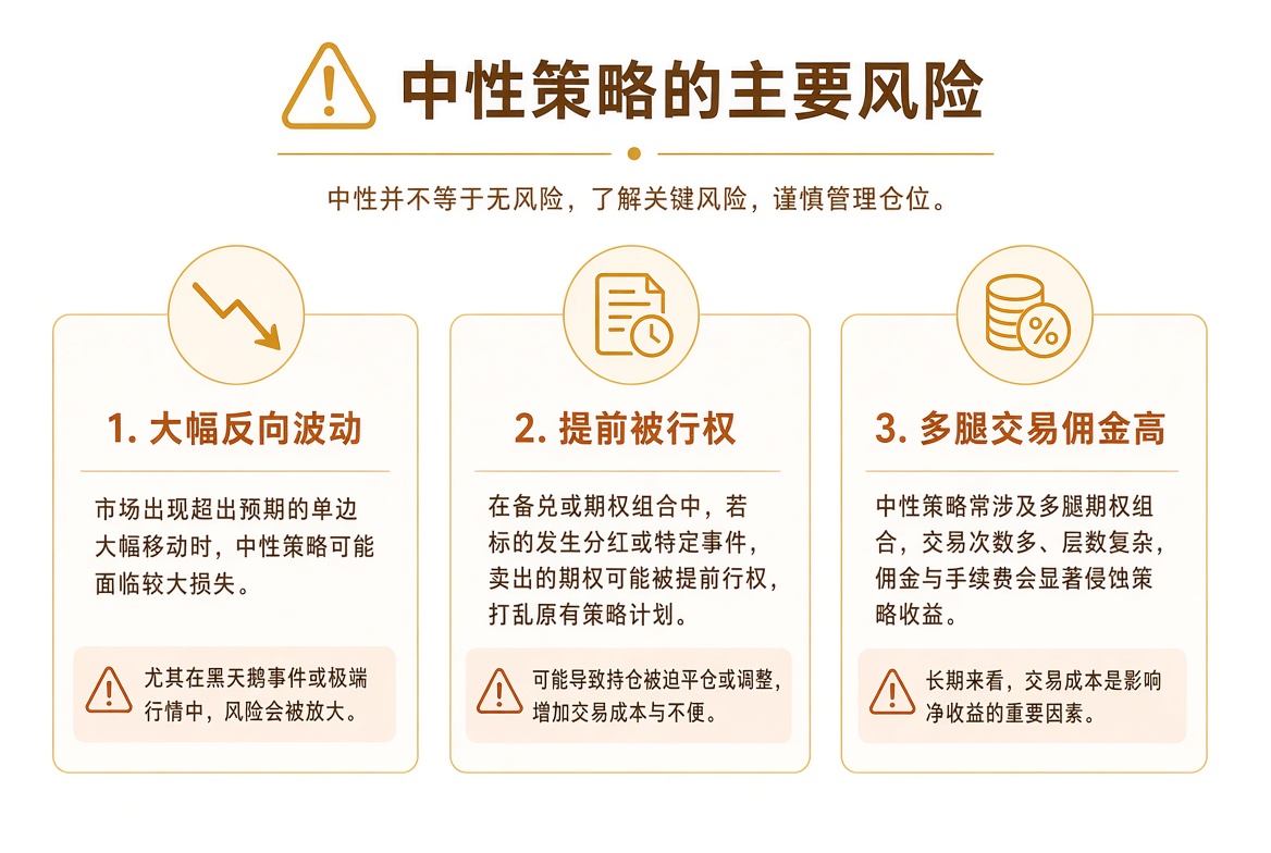 中性策略主要风险：单边突破、提前行权、多腿佣金侵蚀利润。
