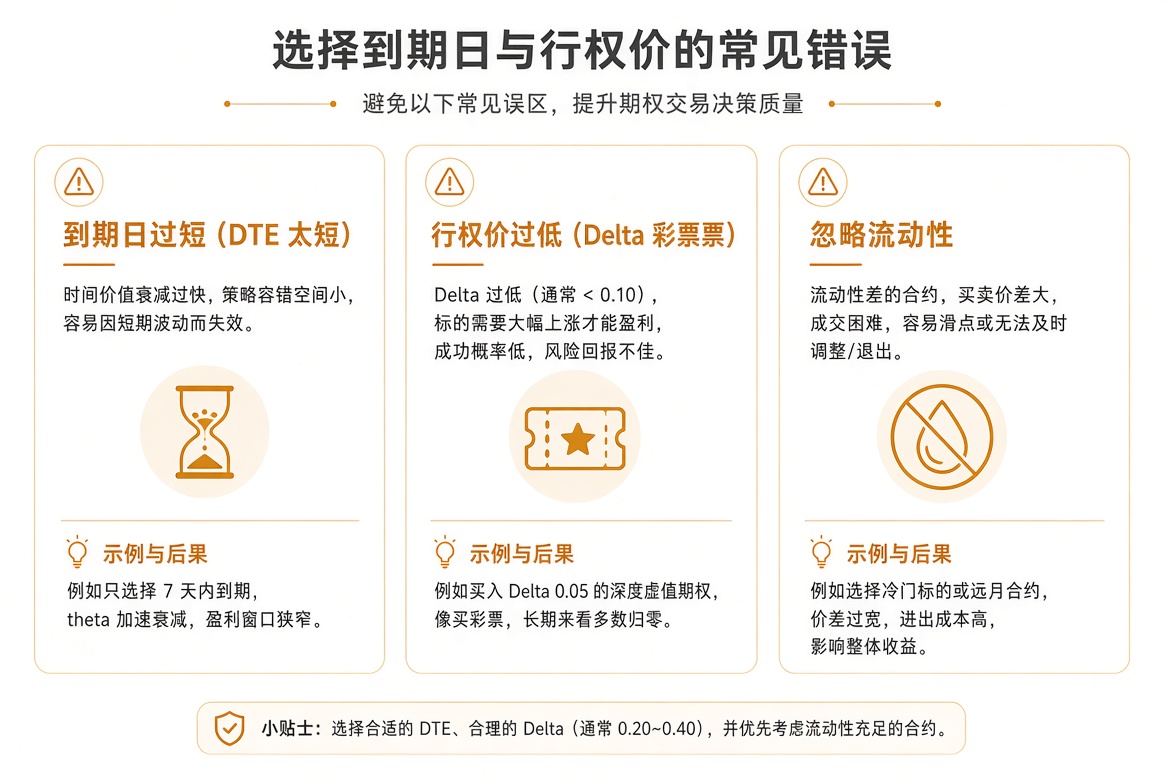 选合约常见错误:到期太短、Delta 过低、忽视买卖价差。