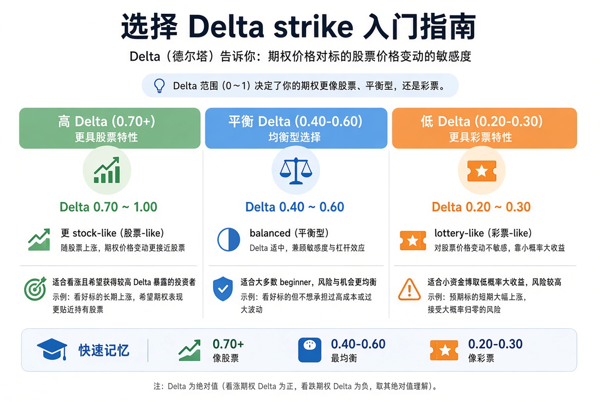 用 Delta 选行权价:高 Delta 接近正股,中等较均衡,低 Delta 更像彩票。