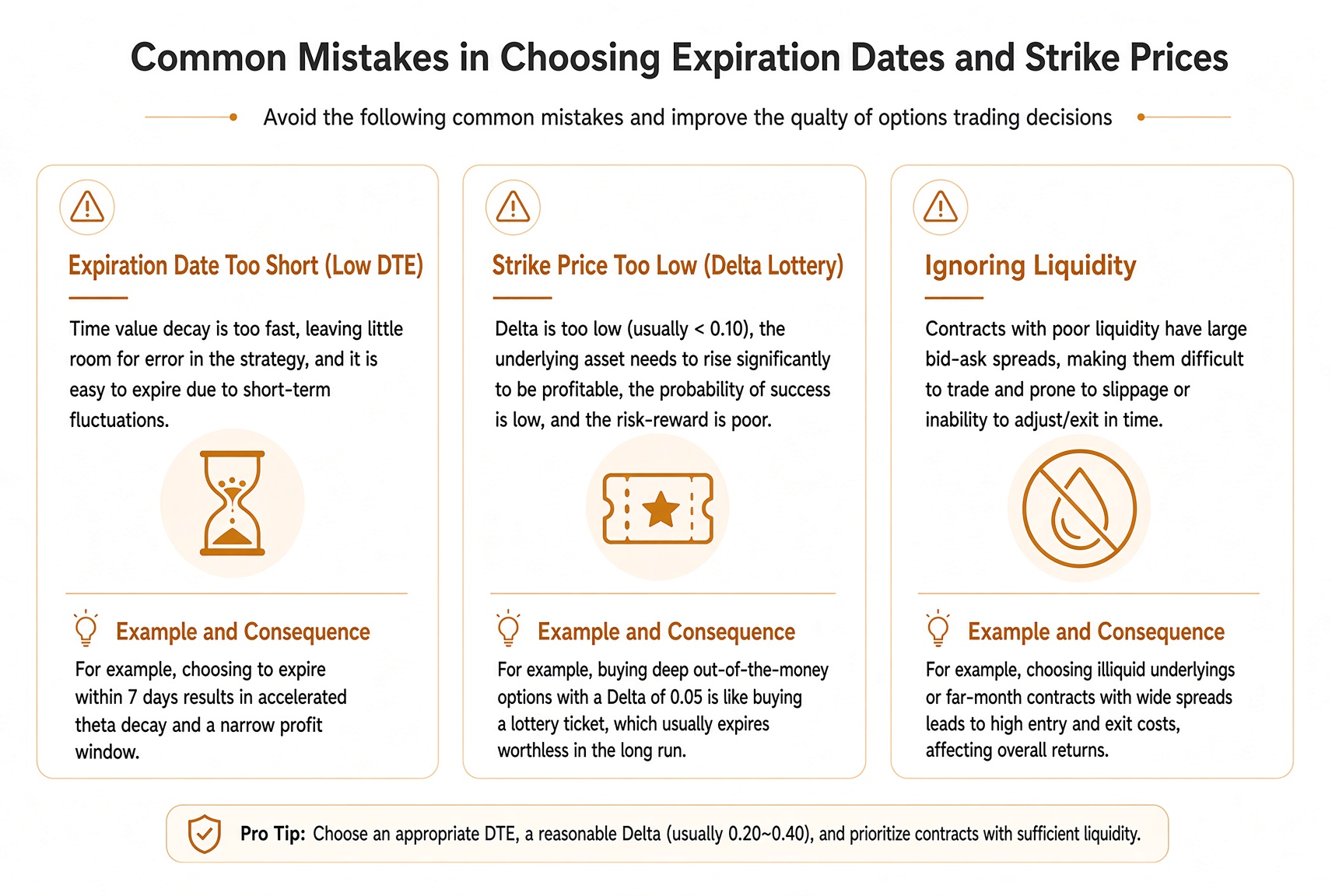 Common contract-picking mistakes: expiry too short, Delta too low, ignoring the bid–ask.
