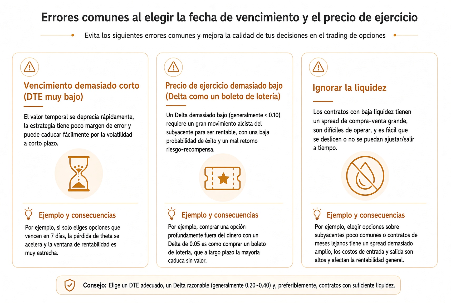 Errores habituales al elegir contrato: vencimiento demasiado corto, Delta demasiado bajo, ignorar el bid–ask.