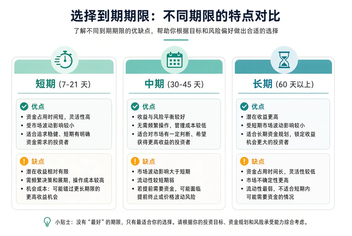 到期日对比:短期 7–21 天衰减快,中期 30–45 天较均衡,长期 60 天以上缓冲大但占用久。