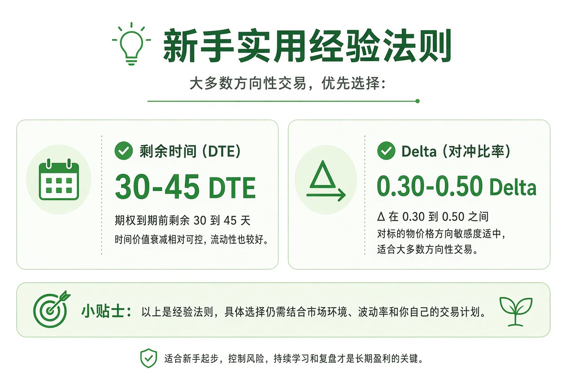 新手经验法则:方向性交易可优先考虑 30–45 天到期、Delta 0.30–0.50。