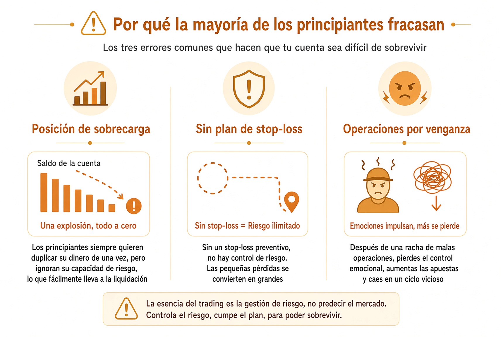 Tres razones por las que falla un principiante: tamaño demasiado grande, sin stop, y aumentar después de una pérdida para desquitarse.