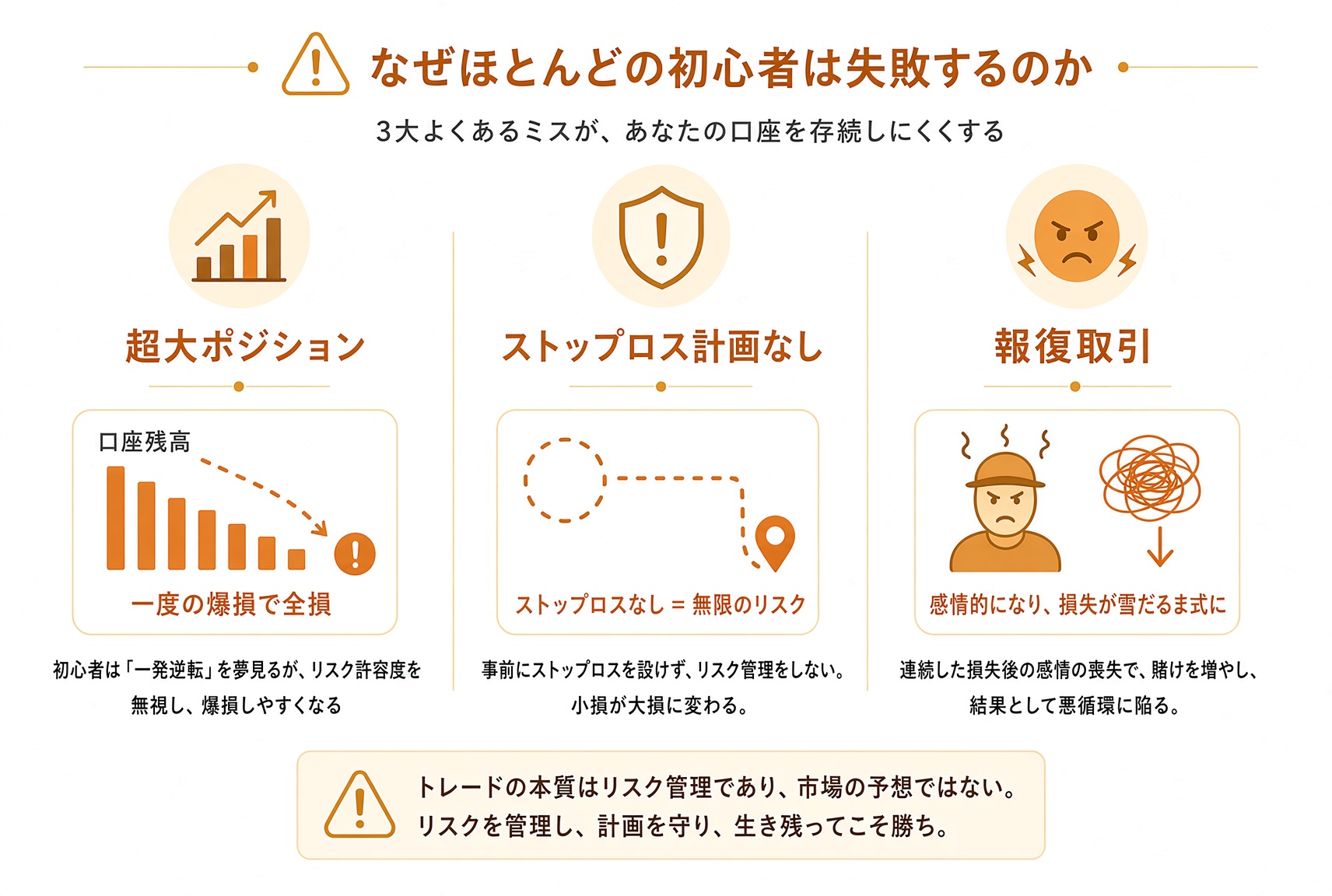 初心者が失敗する三つの理由:サイズが大きすぎる、損切りがない、負けたあとに復讐で増やす。