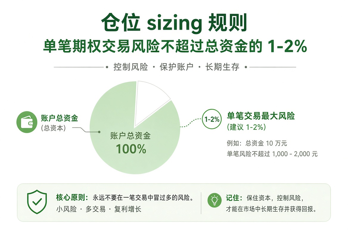 仓位规则:单笔期权交易的最大风险尽量控制在总资金的 1% 到 2%。