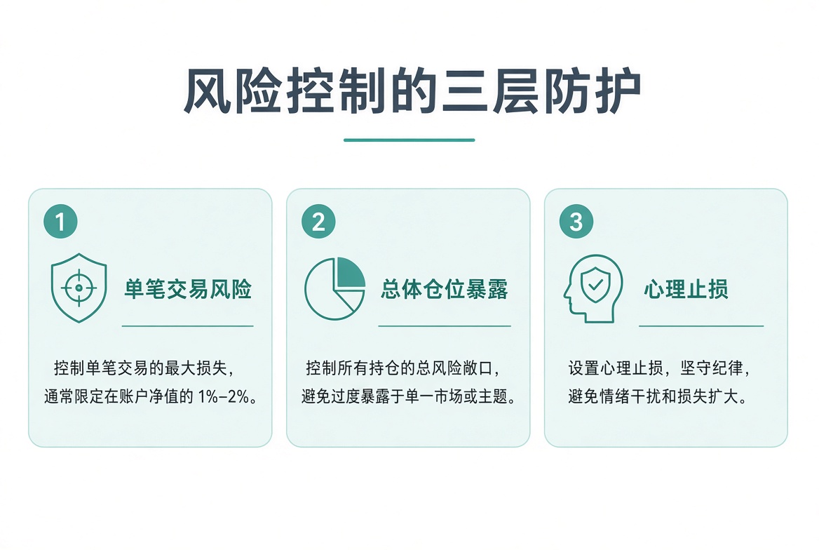 三层风险防护:单笔风险、总体暴露、心理止损。