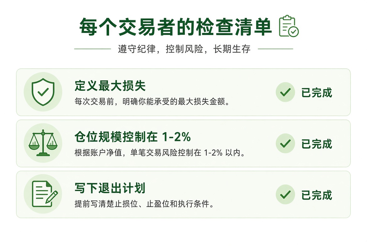 开仓前检查:定义最大损失、仓位是否在 1%–2% 以内、写下退出计划。