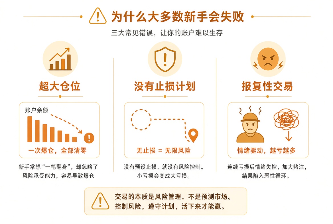 新手失败三大原因:仓位过大、没有止损、亏损后报复性加仓。