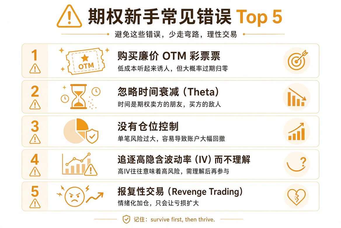 新手五类常见错误：虚值彩票、忽视 Theta、没有仓位控制、不懂就追高 IV、报复性交易。