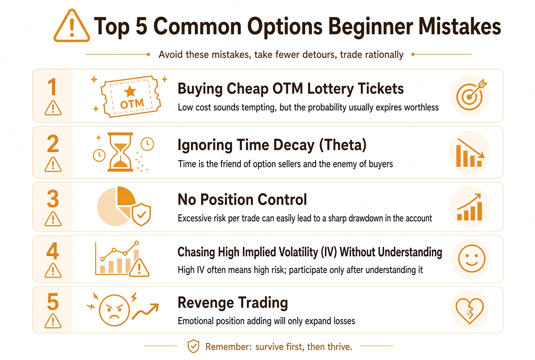 Five beginner mistakes: OTM lottery tickets, ignoring Theta, no size control, chasing high IV without understanding it, revenge trading.