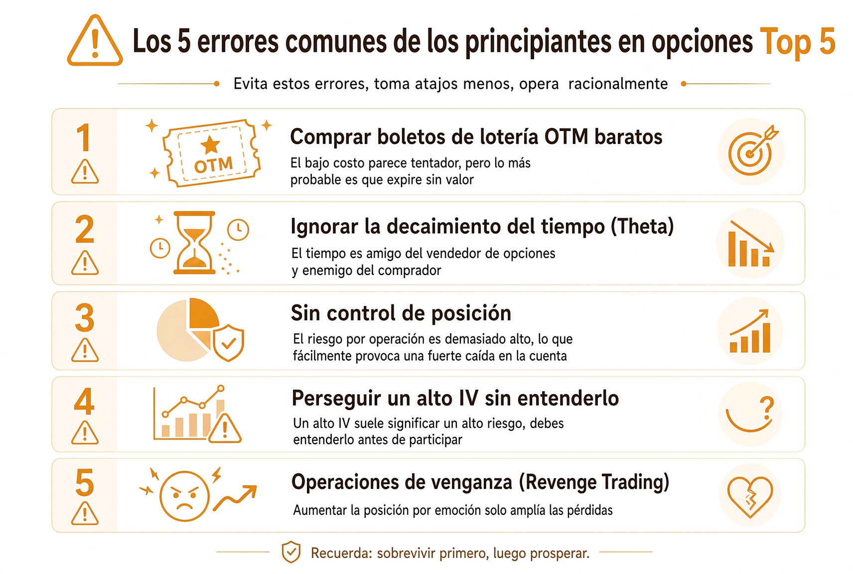 Cinco errores de principiante: loterías OTM, ignorar Theta, sin control de tamaño, perseguir IV alta sin entenderla, operar por venganza.